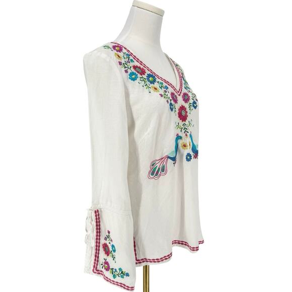Y2K Vintage Willi Smith Peacock Flower Embroidered Linen Tunic Sz M Boho Coastal - Picture 2 of 8